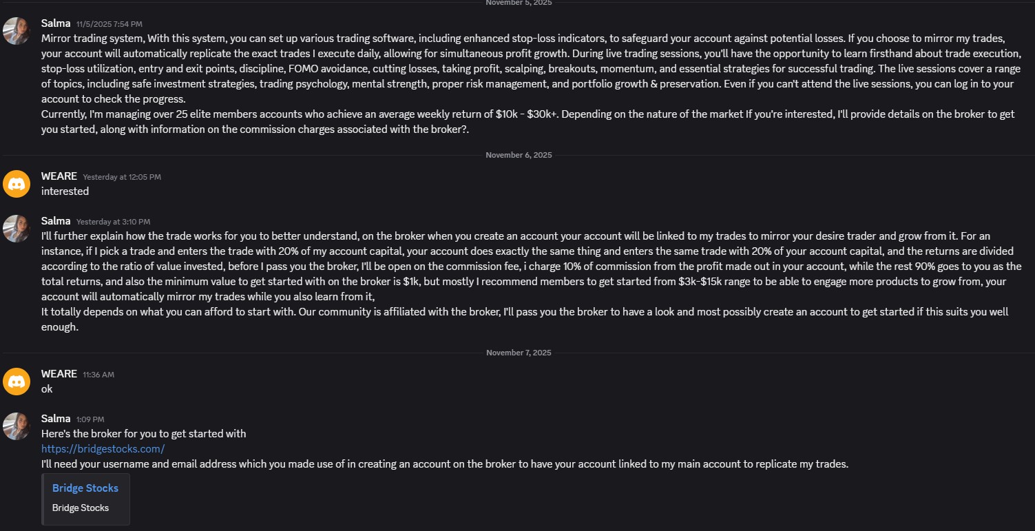 BridgeStocks scammer sending phishing link to fake trading platform